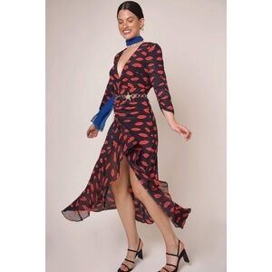 Rixo Dress Rose Kiss Cutout Ruffled Ruched Midi Valentines Red Lips XS 4 GUC